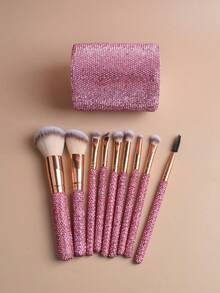 10pcs Multi-Function Rhinestone Makeup Brush Set - Includes 9 Luxury Charming Rhinestone Handle Brushes And 1 Fully Rhinestone Storage Tube - Desktop Storage Tube, Makeup Brush Storage Tube, Practical Makeup Brush Set - Suitable For All Skin Types - Multicolor - View 12