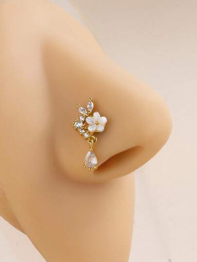 1pc Copper Zirconia Flower L-Shaped Nose Stud Ear Cartilage Piercing Jewelry, Women's Personalized Hot Girl Style, Suitable For Daily Wear