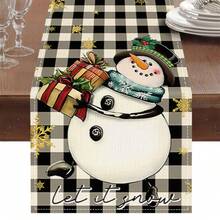 1pc Christmas Table Runner, Buffalo Plaid Snowman Gift Box Let It Snow Snowflake Print Tablecloth, Winter Holiday Dining Table Home Decor, Accessories Not Included - Black and White - View 1
