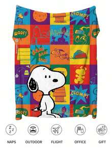 Snoopy Bright Multi-Color Plaid Flannel Blanket, Fun Cartoon Puppy Pattern Printed Soft Throw, Nap Sofa Bed Home Decor - Multiple Styles - View 9