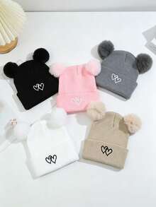 Heart Embroidery Double Pom Pom Baby Knitted Hat, Cute Baby Woolen Hat, Fashionable Versatile Ear Protection Hat - Multicolor - View 6