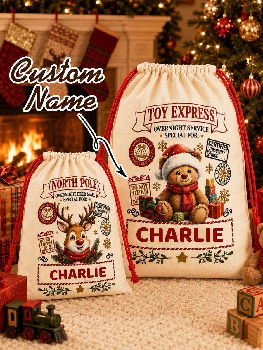 Customized Christmas Drawstring Storage Bag, Personalized Name Holiday Bag, Holiday Style, Customized Name Gift Bag, Customizable Christmas Gift - Multicolor - View 1