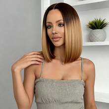 Women's 12-Inch Gradient Brown Middle Part Wig, High-Temperature Synthetic, Fashionable Elegant Versatile Design, Suitable For Daily Wear Or Carnival Events, Soft Hair Texture With Natural Styling, Adjustable Cap Band For Comfortable And Secure Fit - Brown Ombre - View 4