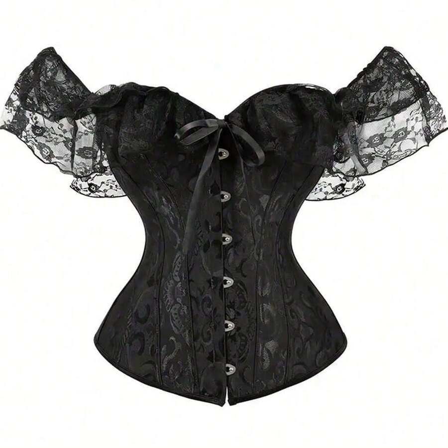 1pc Women's Court Style Corset, Vintage Lace Bustier Top, Suitable For Party, Halloween Outfit - Black - View 1