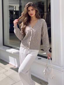 Women Autumn Cable Knit Cardigan V Neck Long Sleeve Button Down Fuzzy Sweater Coat Casual Festival Outfit - Grey - View 7