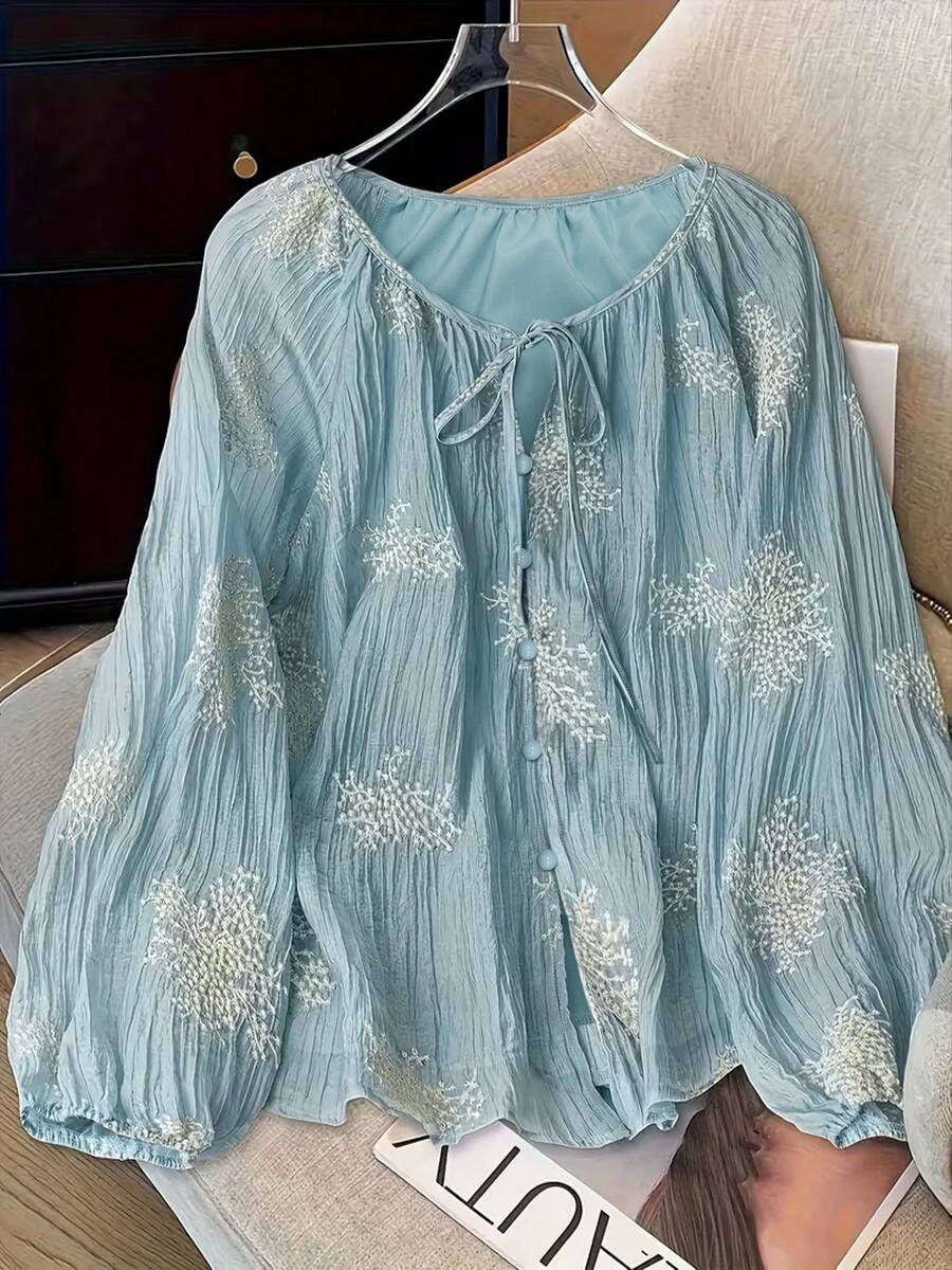 Spring Summer Autumn Women's Elegant Shirt - Semi-Transparent Floral ...