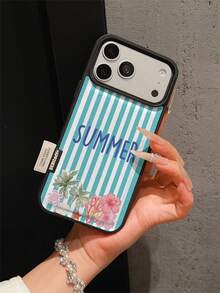 1pc Premium Fashion Minimalist Striped Patchwork Coconut Tree Turtle Flower Pattern Leather Phone Case, Full Coverage Anti-Drop Soft Shell Large Hole Compatible With Samsung/Apple 17 Pro Max/11/12/13/14/15/16 Pro Max/17 And Other Models, Holiday Gift - Multicolor - View 5