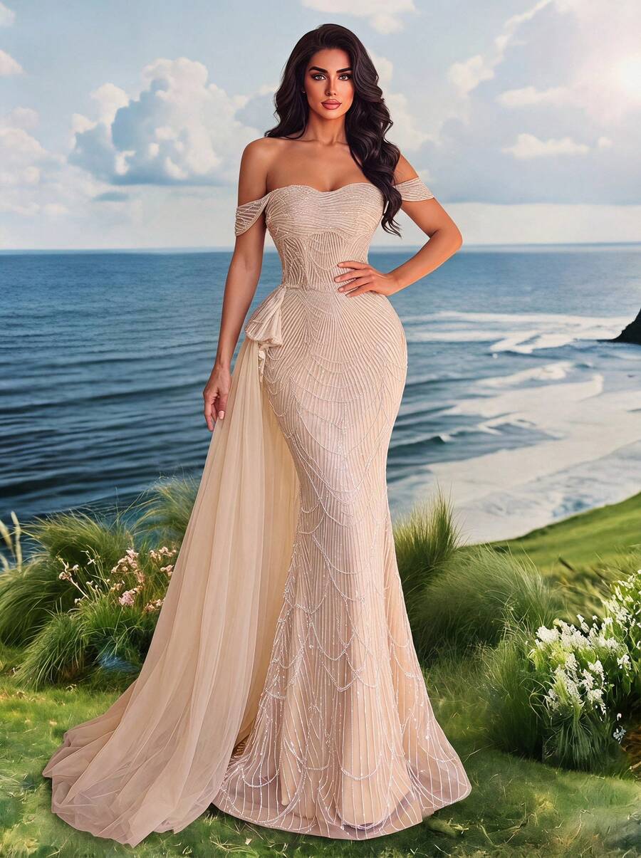 Elasola Charming Off-Shoulder Mesh Train Evening Gown For Women, Lace-Up Back Wedding Party Fall - Apricot - View 1