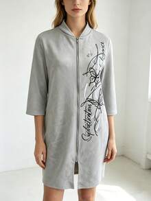 Women's Fashion Casual Printed Zip-Up 3/4 Sleeve Baseball Collar Mid-Length Jacket - Grey - View 1
