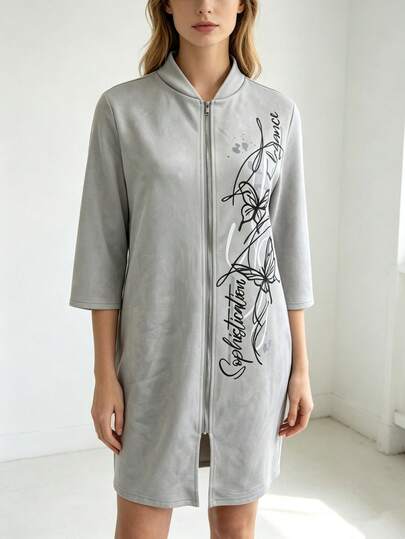 Women's Fashion Casual Printed Zip-Up 3/4 Sleeve Baseball Collar Mid-Length Jacket