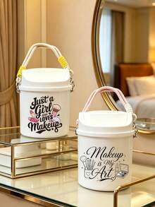 Portable Printed Makeup Storage Bucket With Lid, Large Capacity Cross‑Body Cosmetic Organizer, Dust‑Proof For Lipstick Brushes Eyeshadow Palette, Desktop Bathroom Dorm Vanity Storage For Girls Makeup Lovers, Back‑To‑School Gift - Multicolor - View 6