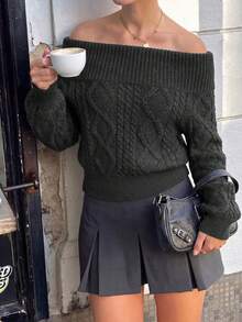 Women's Knitted Off-Shoulder Sweater, Long Raglan Sleeve Regular Length Pullover, Suitable For Autumn Wear - Grey - View 1