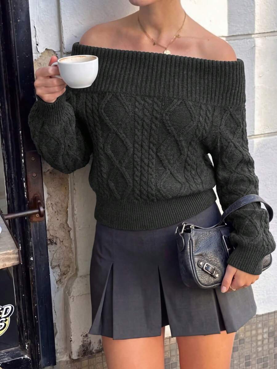 Women's Knitted Off-Shoulder Sweater, Long Raglan Sleeve Regular Length Pullover, Suitable For Autumn Wear - Grey - View 1
