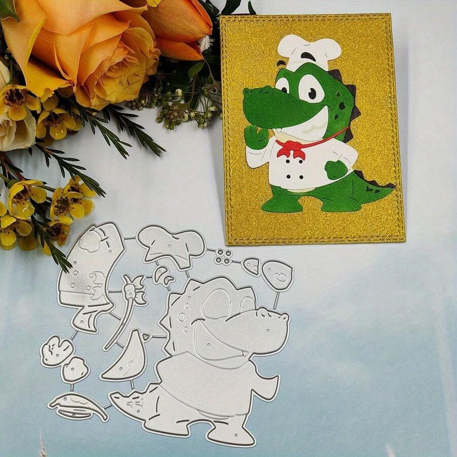 1pc Q Crocodile Chef Metal Cutting Die, DIY Scrapbooking Embossing Mold, Greeting Card Making Template, Suitable For Photo Album Card Making, Handmade Card Tool
