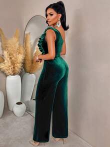 AIJ Amarilo Women's Party Outfit: One-Shoulder Ruffle Waist Wide-Leg Pants Suitable For Going Out, Dating, Gathering And Party, Solid Color Long Jumpsuit, Autumn, Suitable For Back To School, Daily, Commuting, Holiday, Banquet, Party Wear - Dark Green - View 2