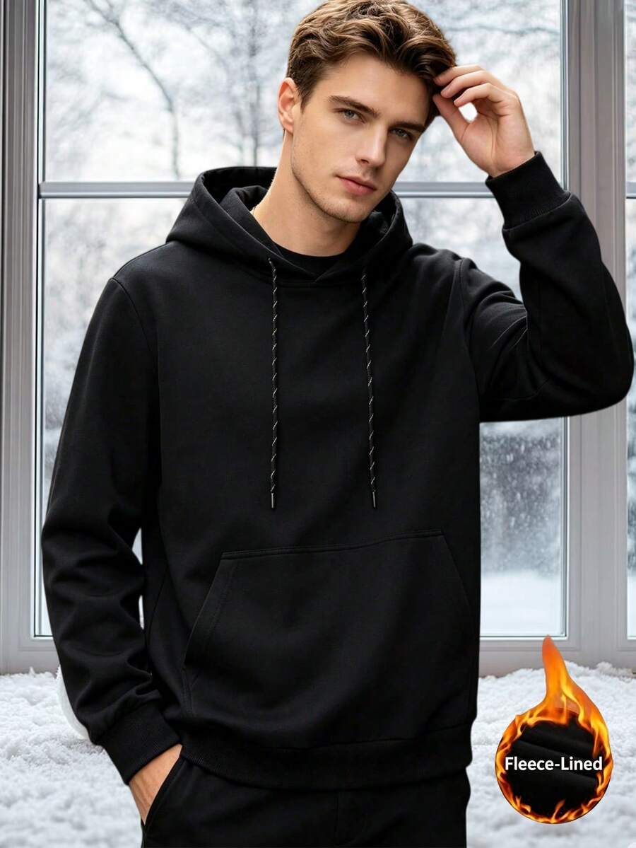 Men's Black Fleece Hooded Sweatshirt, Suitable For Autumn/Winter Daily Wear And Sports - Black - View 1