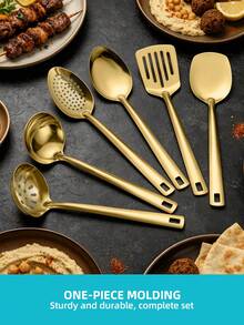 Set Peralatan Masak Dapur Logam 6 Buah, Sendok, Spatula, Sendok Sayur, Saringan Stainless Steel, Warna Emas dan Perak, Peralatan Dapur Tahan Lama, Cocok untuk Memasak Sehari-hari - - - View 3