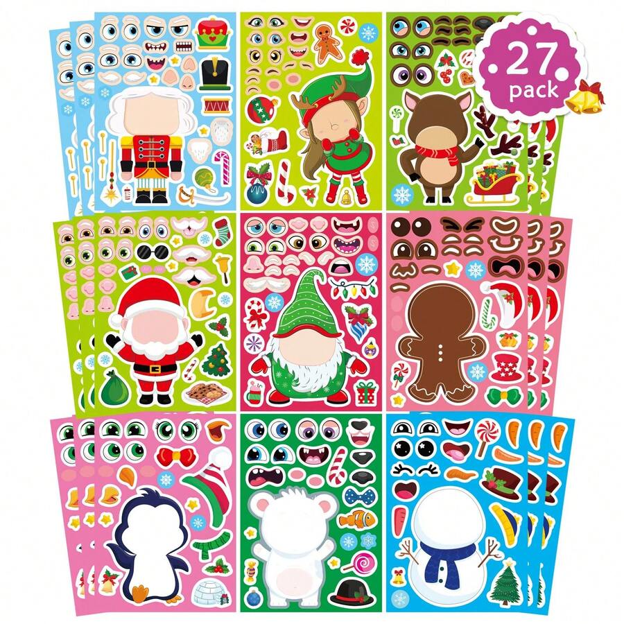27pcs Christmas DIY Stickers - Design Your Own Snowman, Christmas Tree And Santa Claus Scenes, Interactive Puzzle Toy To Promote Brain Development, Children's Party Gift, Gift Wrapping, Classroom Activity, Christmas And Holiday Gift - Mixed Color - View 1