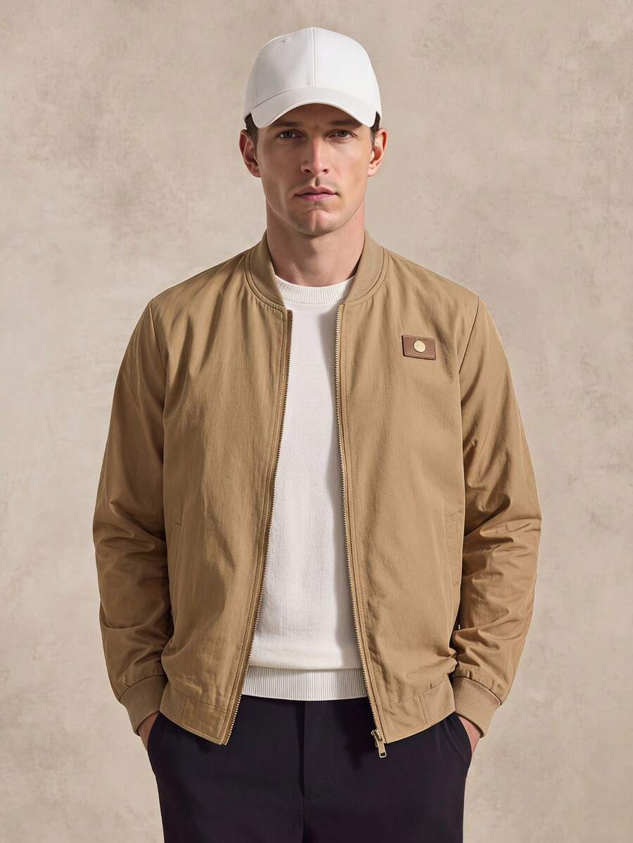 Courvante Men's Long Sleeve Embellished Zipper Collar Casual Bomber Jacket, Old Money, Fall, Business Commute, Winter Daily Commute - Khaki - View 1