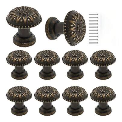 10/20 Pack Mini Bronze Cabinet Knobs, Vintage Flower Pattern Round Drawer Pulls With Screws, 0.6" X 0.5" Decorative Handles For Jewelry Box Wardrobe Cupboard