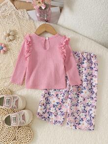 2pcs Infant/Toddler (Girl) Fresh Ruffle Trim 3D Flower Long Sleeve Top & Ditsy Floral Long Pants Set, Lightweight Spring/Autumn - Baby Pink - View 2