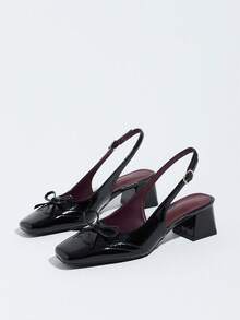 Premium Glossy Chunky Heel Slip-On Backless Outdoor Elegant Women's High Heel Sandals - Black - View 5