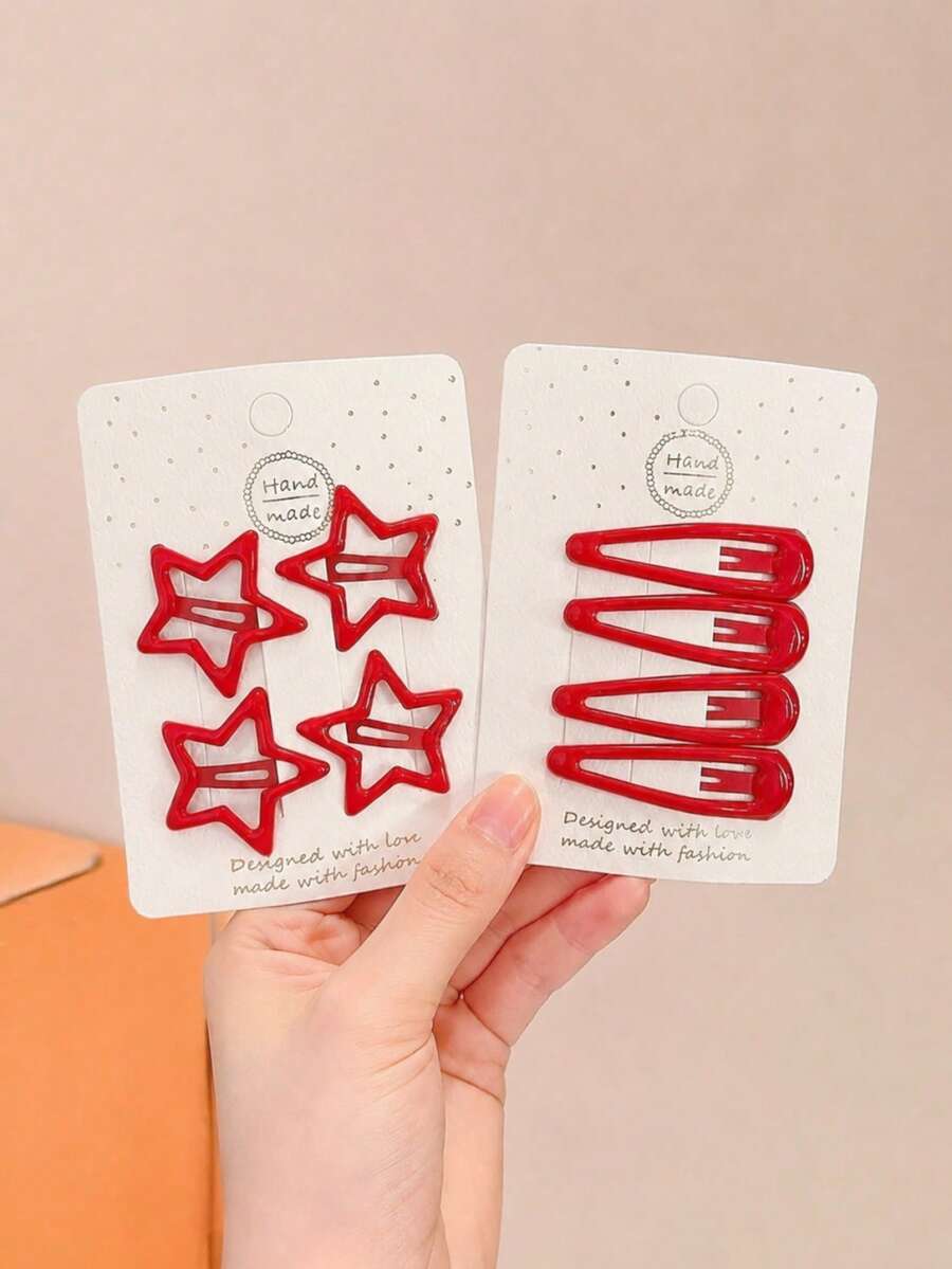 20pcs Fashion Minimalist Red Five-Pointed Star Water Drop Hair Clips, Versatile Daily Wear, Suitable For Girls' Everyday And Holiday Hair Accessories - Red - View 1