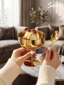 Gold Stainless Steel Dessert Cup With Spoon, Round Base Pudding Tray/Salad Fruit Yogurt Snack Candy Dish, Space-Saving Stackable Convenient Storage, Party/Ramadan/Afternoon Tea Special High-Foot Ice Cream Cup, Yogurt Pudding Bowl, Anti-Drop Premium Tableware Set. - Multicolor - View 3