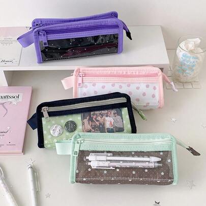 1pc Pencil Case For Girls, Large Capacity Pen Pouch, Cute Polka Dot Star Strawberry Print Zipper Stationery Bag, Portable Multi‑Purpose Makeup Storage Pouch For Teen Girls Students School Supplies