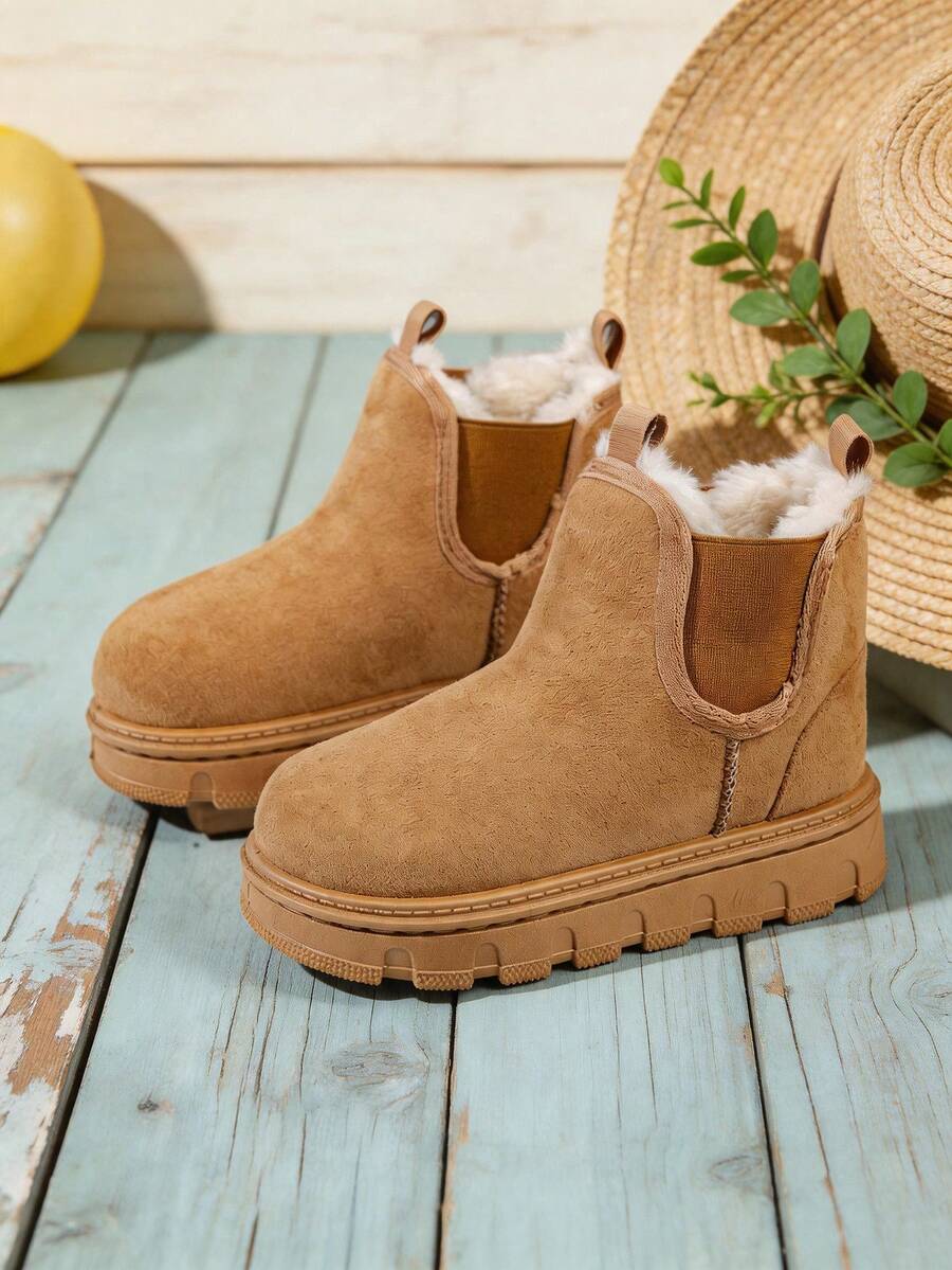 Boys Girls Slip‑On Snow Boots, Elastic Side Gore Plush Thick Lining Wear‑Resistant Gear Thick Sole Fall Winter Cold‑Proof Kids Ankle Boots - Brown - View 1