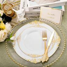 Gold Cutlery Set, 10.25 Inch Dinner Plate/7.5 Inch Side Plate, White Base With Gold Embossed Dragon Pattern Plates, Washable And Reusable Party Plates, Fruit/Cake Trays, Placemats, Stackable To Save Space. Perfect For Weddings, Parties, Birthday Gatherings, Outdoor Garden Banquets, Christmas, Thanksgiving Dinners - View 9