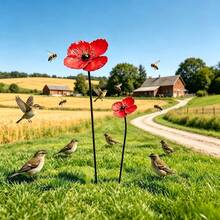 2pcs Large And Small Red Poppy Flower Garden Stakes, Outdoor Yard Art Decor, Rust-Proof Floral Ground Stakes, Suitable For Lawn, Patio, Farm Decoration - Red Poppy - View 2