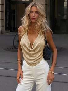 Summer New Beach Date Women's Elegant Knit Top, Solid Color Gold Thread Shiny Tie-Up Backless Sleeveless Top Vacation - Champagne - View 2