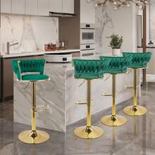 Nalupatio Set Of 4 Luxurious Bar Stools With Velvet Upholstery, Backrest & Footrest – Height Adjustable & Swivel, With Gold Metal Base - Green - 4-piece Set - View 7