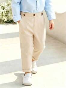 Young Boy Solid Color Button Straight Leg Long Pants, Casual Minimalist Preppy Style Back To School Trousers - Apricot - View 1