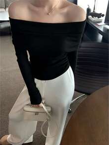 Women's Fashion Pullover Sweater Long Sleeve High Elastic Fabric Top - Black - View 6