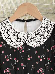 Girls' French Style Black Ditsy Floral Long Sleeve Dress With Hollow Lace Puff Sleeves And Ruffle Hem, Little Girl Outfit - Multicolor - View 3