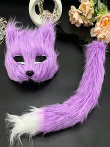 Realistic Cat Ear & Fox Tail Set, Anime Animal Ear Tail Mask & Glove Combo. Plush Realistic Animal Ears With Fluffy Tail And Decorative Mask, Elastic Material For Comfortable Wear. Suitable For Anime Conventions, COSPLAY Role Play, Theme Parties, Music Festival Outfits. Cute & Eye-Catching Personalized Gift,Halloween - A - View 6
