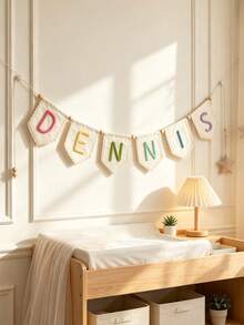 1pc Personalized Custom Name Banner, Handmade Crochet Yarn Letter Garland, Bohemian Style Neutral Linen Wall Hanging Decor Flag, Birthday Party Decoration, Customizable Multi-Color Name Triangle Pennant Bedroom Wall Decor, Souvenir Gift - Multicolor - View 4