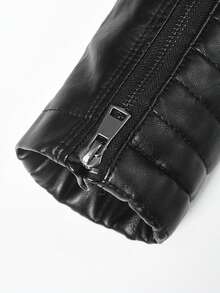 Women's Stand Collar Faux Leather Motorcycle Jacket, Zipper Closure Slim Fit Cropped Biker Coat, Multi-Pocket Design - Black - View 6