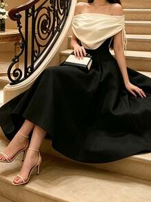 Women's Sleeveless Wrap Fitted Dress, Casual Fashion, Sexy Elegant Fall - Black and White - View 4