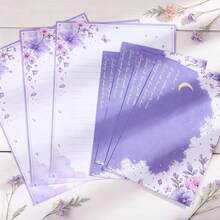 8 Pcs/Set (4 Envelopes + 4 Letter Papers) Dreamy Purple Floral Butterfly Envelope Letter Paper Set, Starry Moon Design Aesthetic Writing Stationery Scrapbook Craft Paper, Decorative Invitation Kit For Students Office School Party Supplies - Purple Moon Blossoms - View 5