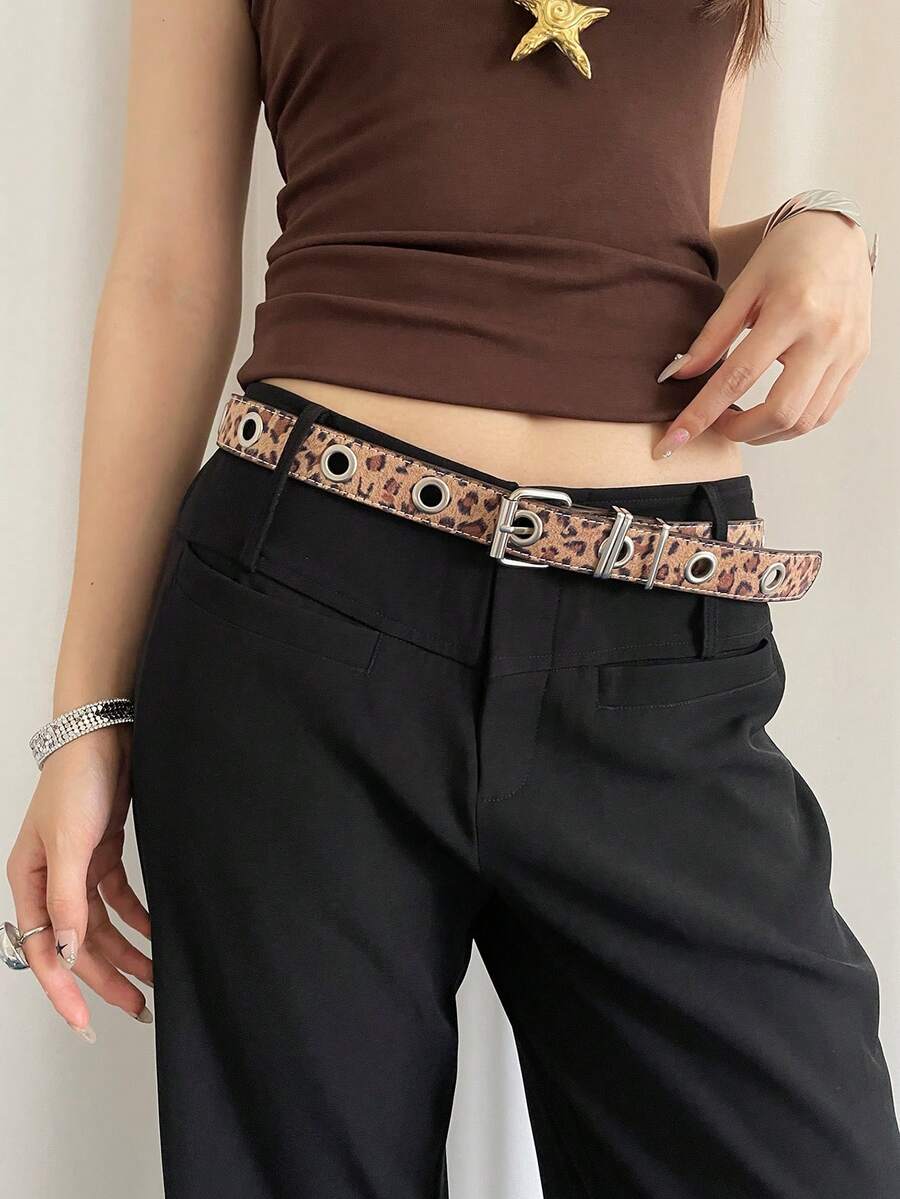 1pc Leopard Print Women's PU Material Y2K Personalized Street Style Riveted Niche Waist Belt - Leopard - View 1