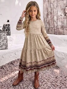 Tween Girls' Bohemian Style Positioned Print Long Sleeve Long Dress, Autumn Outing First Choice, Autumn/Winter Outfit, All Seasons Available - Multicolor - View 1