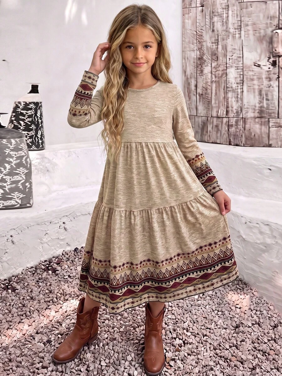 Tween Girls' Bohemian Style Positioned Print Long Sleeve Long Dress, Autumn Outing First Choice, Autumn/Winter Outfit, All Seasons Available - Multicolor - View 1
