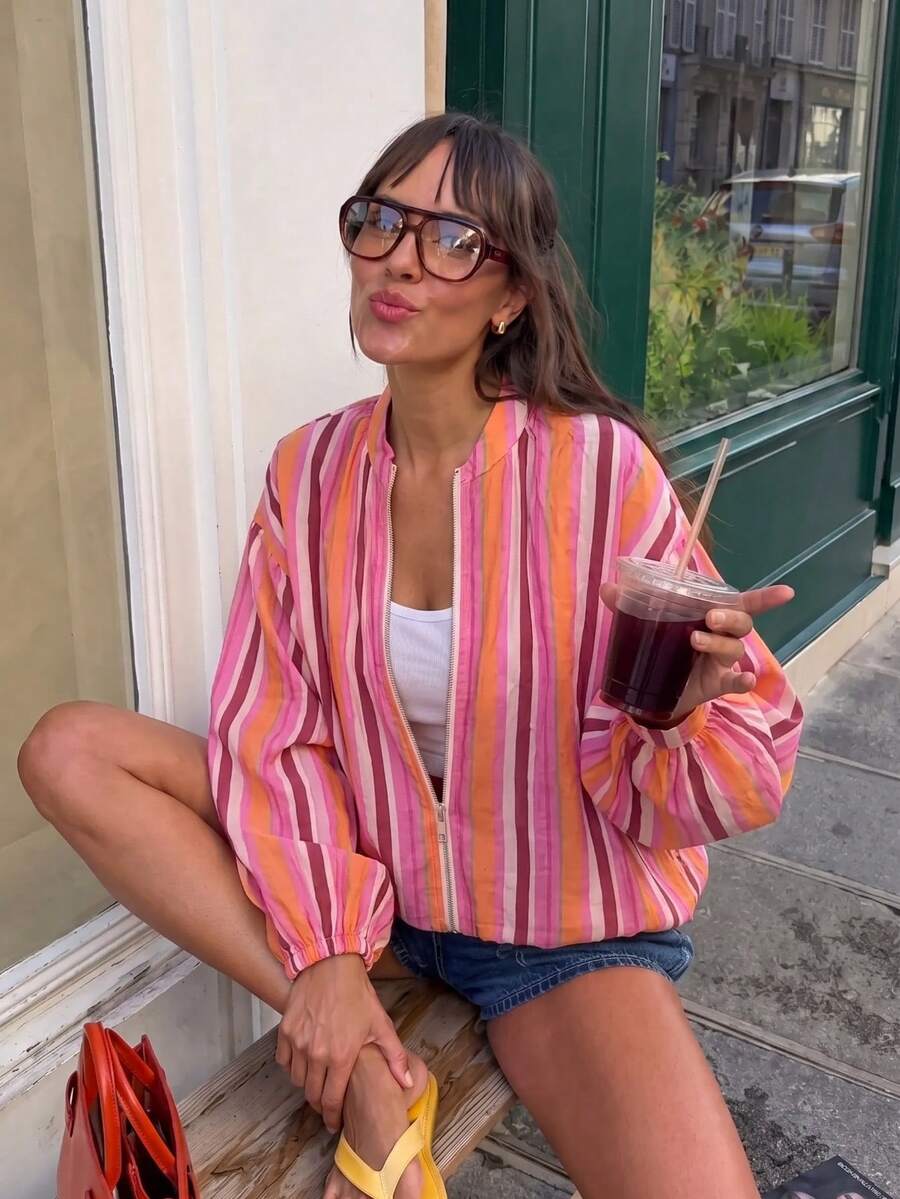 GMFP Women's Multi-Color Vertical Striped Stand Collar Short Zip-Up Jacket, Contrast Design Casual Vacation Style Top - Hot Pink - View 1
