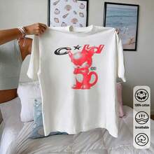 Oversized White T-Shirt Red Cartoon Print Crew Neck Short Sleeve Summer Breathable Cotton Casual Streetwear - White - View 3