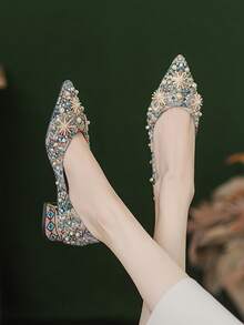 Heavy Beaded Rhinestone Pointed Toe Low Heel Women's Slip-On Shoes, Vintage Jacquard Fabric Party Wedding Shoes - Color - View 2