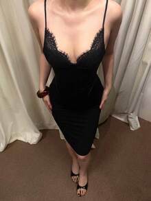 Top Dazzle Women's Sleeveless Ruffle Neck Lace Detail Knitted Bodycon Top Formal Dress - Black - View 1