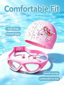 Children's Swimming Goggles & Swim Cap Set, High-Definition Anti-Fog Large Frame Goggles With Earplugs, Soft Waterproof Swim Cap, Snug Fit Without Tightness, For Kids Swimming Training & Water Play, Comfortable & Swimming Gear - Multicolor - View 1